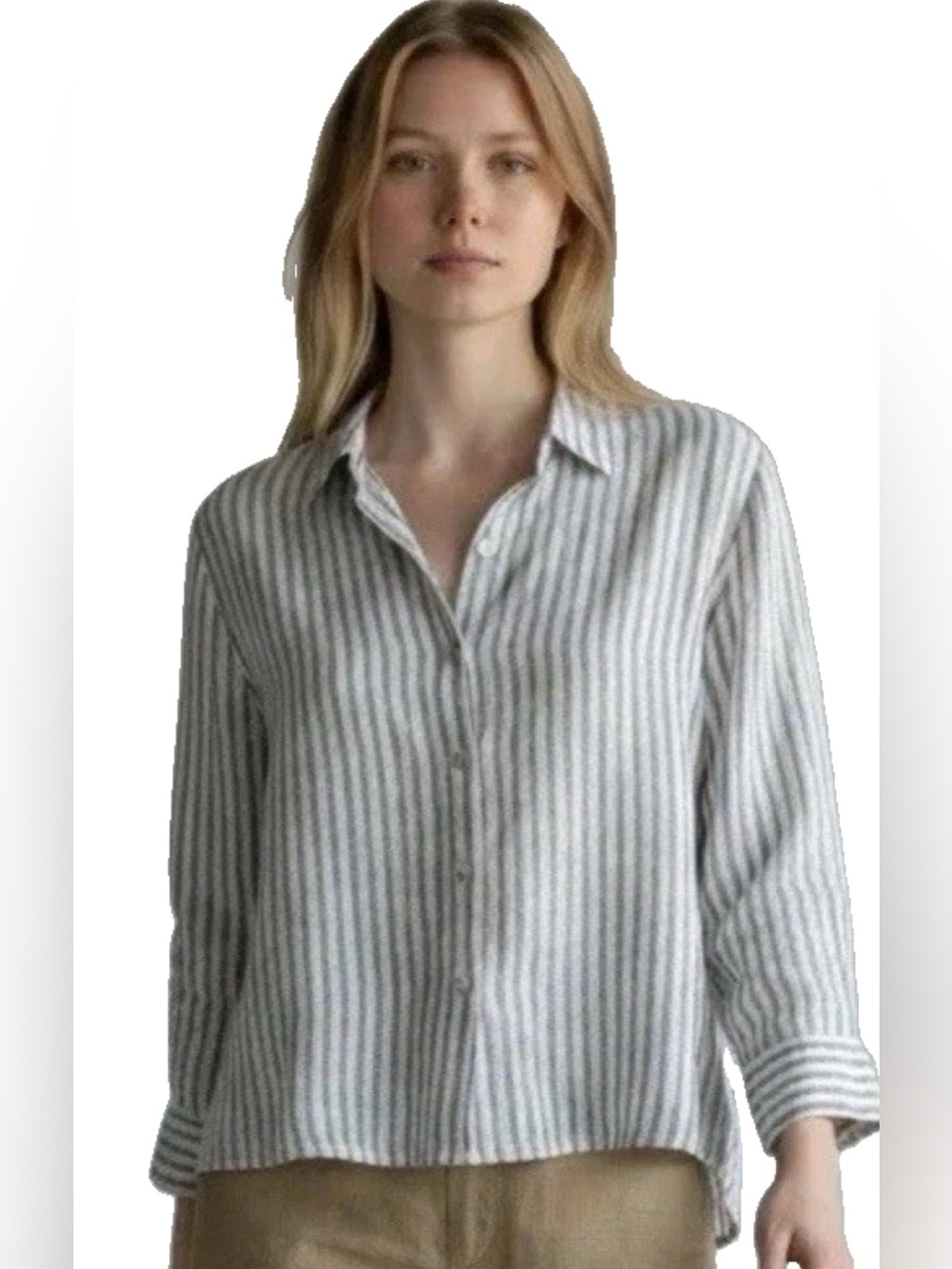 Tahari 100% Luxe Linen Pin Striped Minimalist Nautical Button Up Shirt Top Small